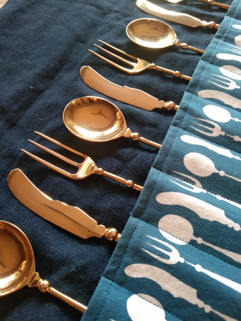 Dhaj handmade brass cutlery comes in a pouch